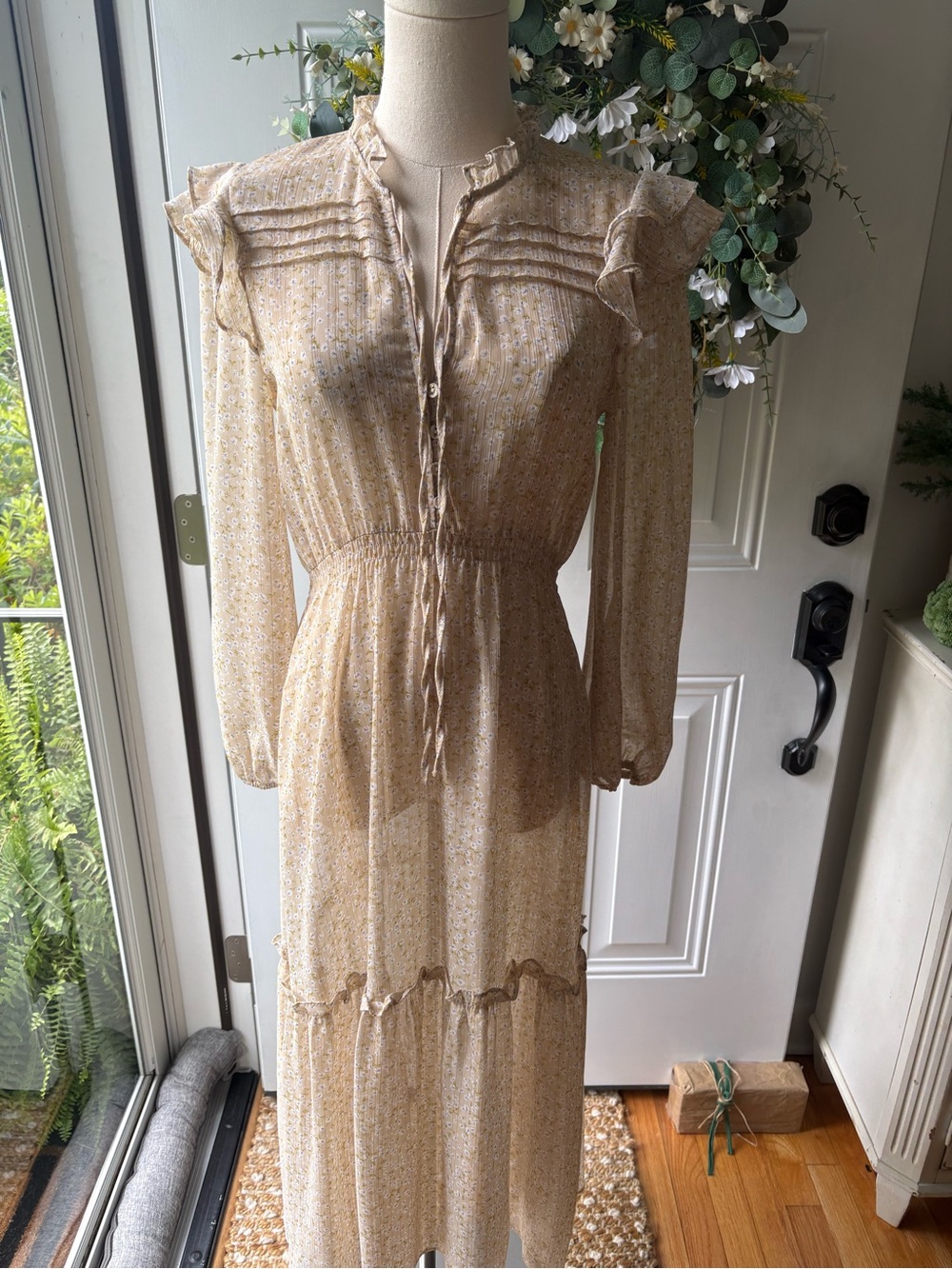 Delicate Cream Sheer Floral Maxi Dress with Ruffle Details